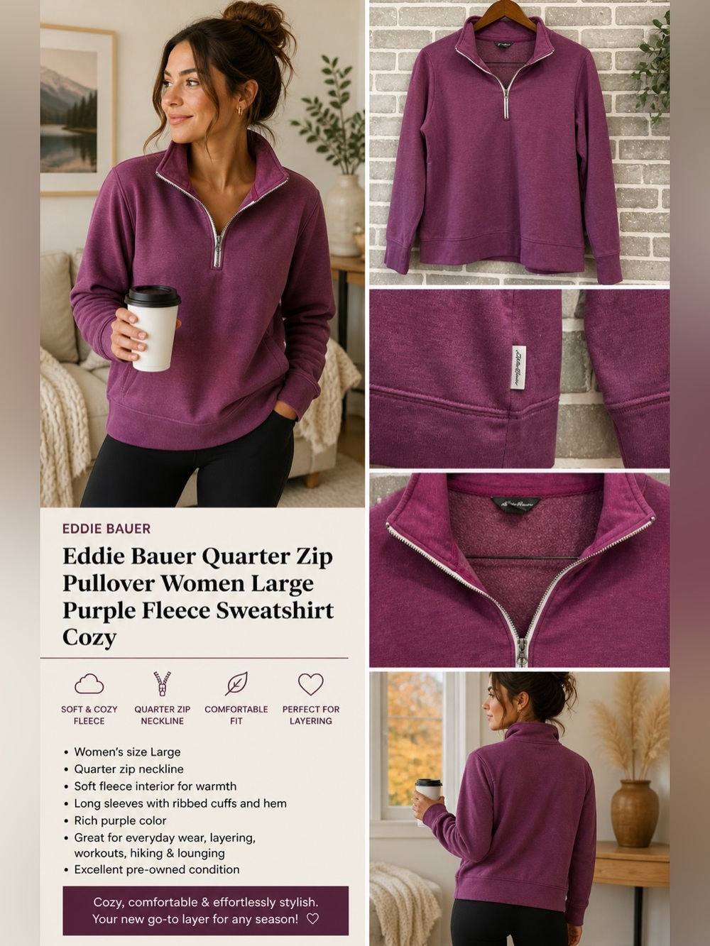 Eddie Bauer Quarter Zip Pullover Women Large Purple Fleece Sweatshirt Cozy